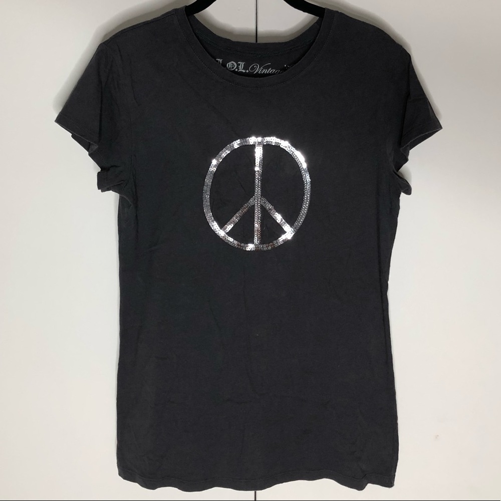 Charcoal Grey Sequin Peace Sign T-Shirt